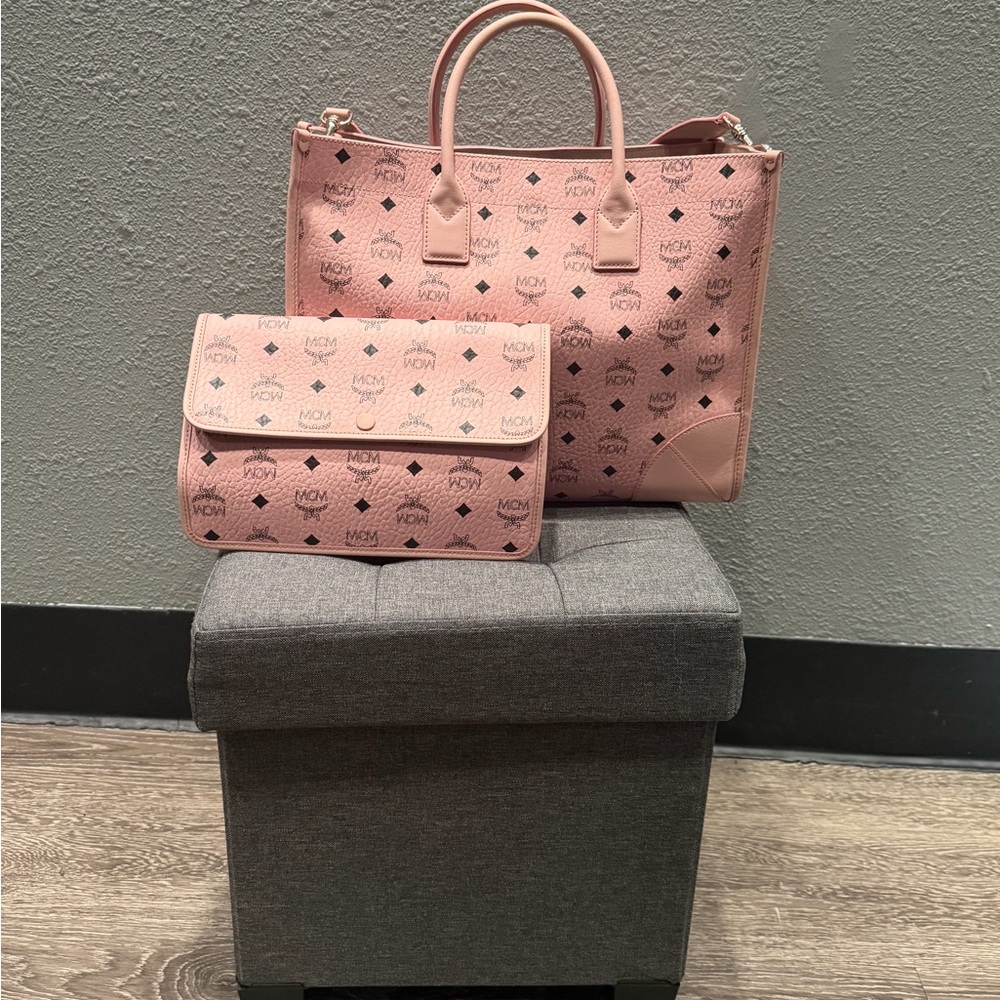 MCM Pink Logo Tote and Clutch Set